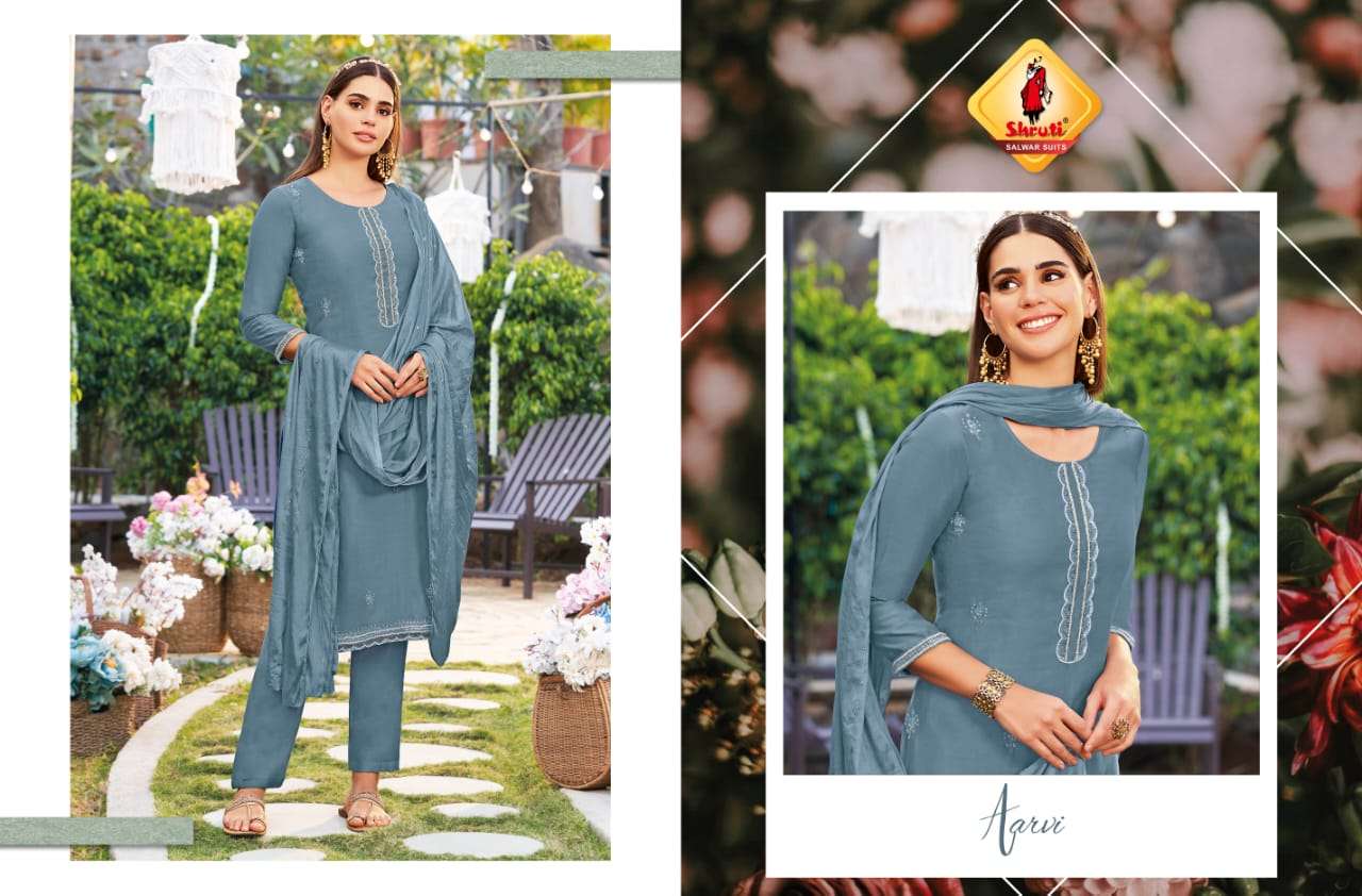 PARAM SUNDARI VOL 3 BY SHRUTI SUITS BRAND PRESENTS PURE VISCOSE SILK BASE GORGEOUS ZARDOZI, MOTI, MIRROR HANDWORK KURTI WITH PANT AND SILK BASE CROCHET DUPATTA-ARVI